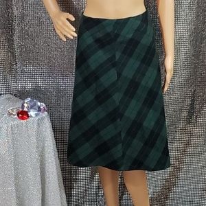 Green Wool Blend Tartan Plaid Zip-Up A-line Skirt